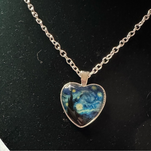 Heart-Shaped Starry Night Van Gogh Pendant Silvertone Necklace - Picture 2 of 5